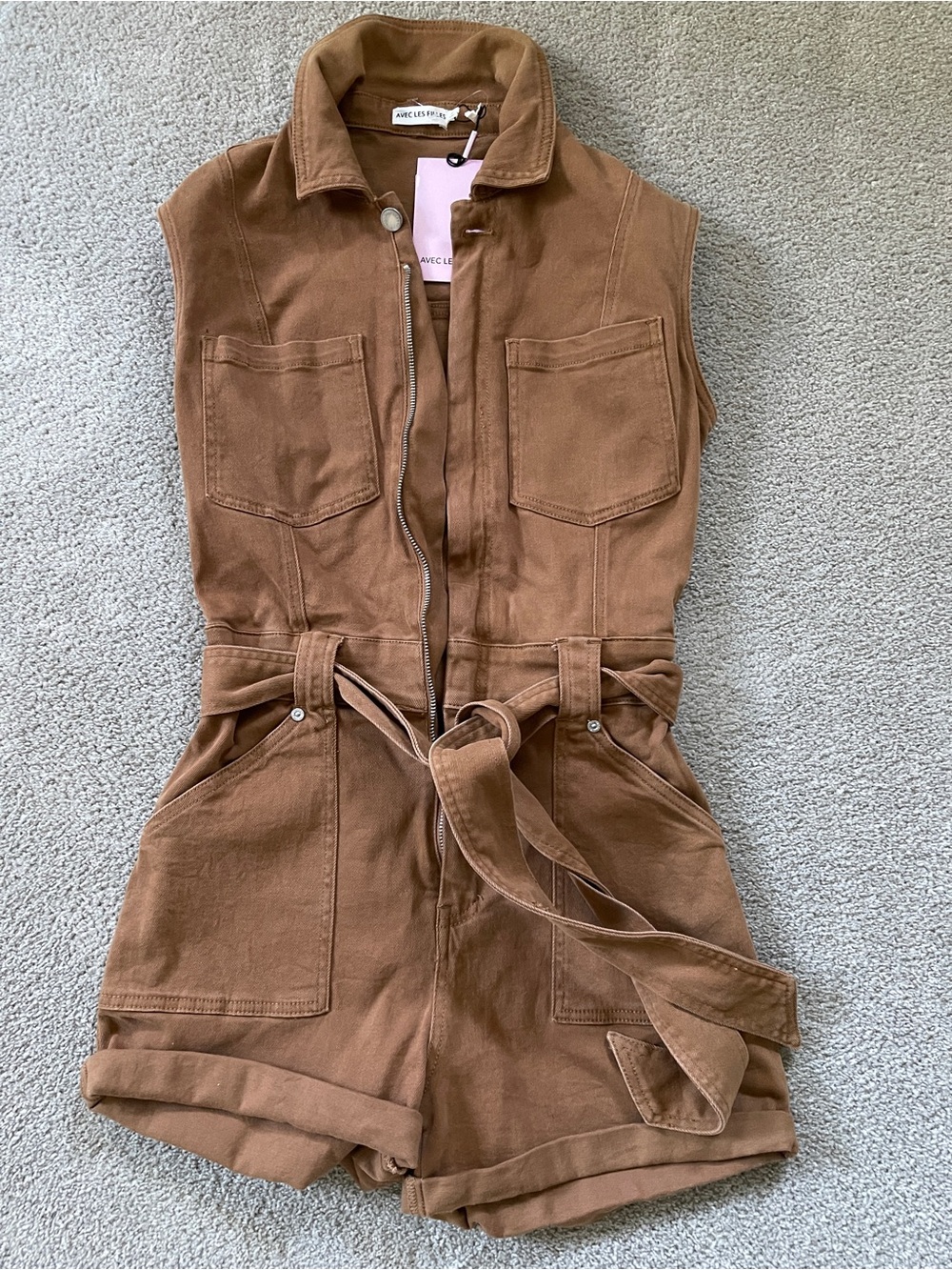 Avec Les Filles Caramel Brown Sleeveless Utility Romper